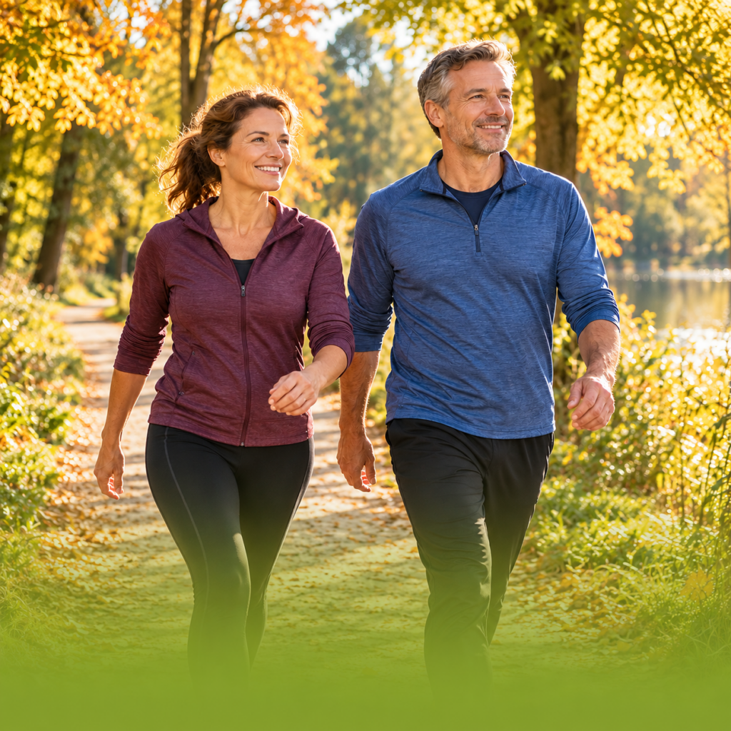 Zwei Erwachsene bewegen sich im Sonnenlicht eines herbstlichen Parks; grüner Verlauf am unteren Bildrand.